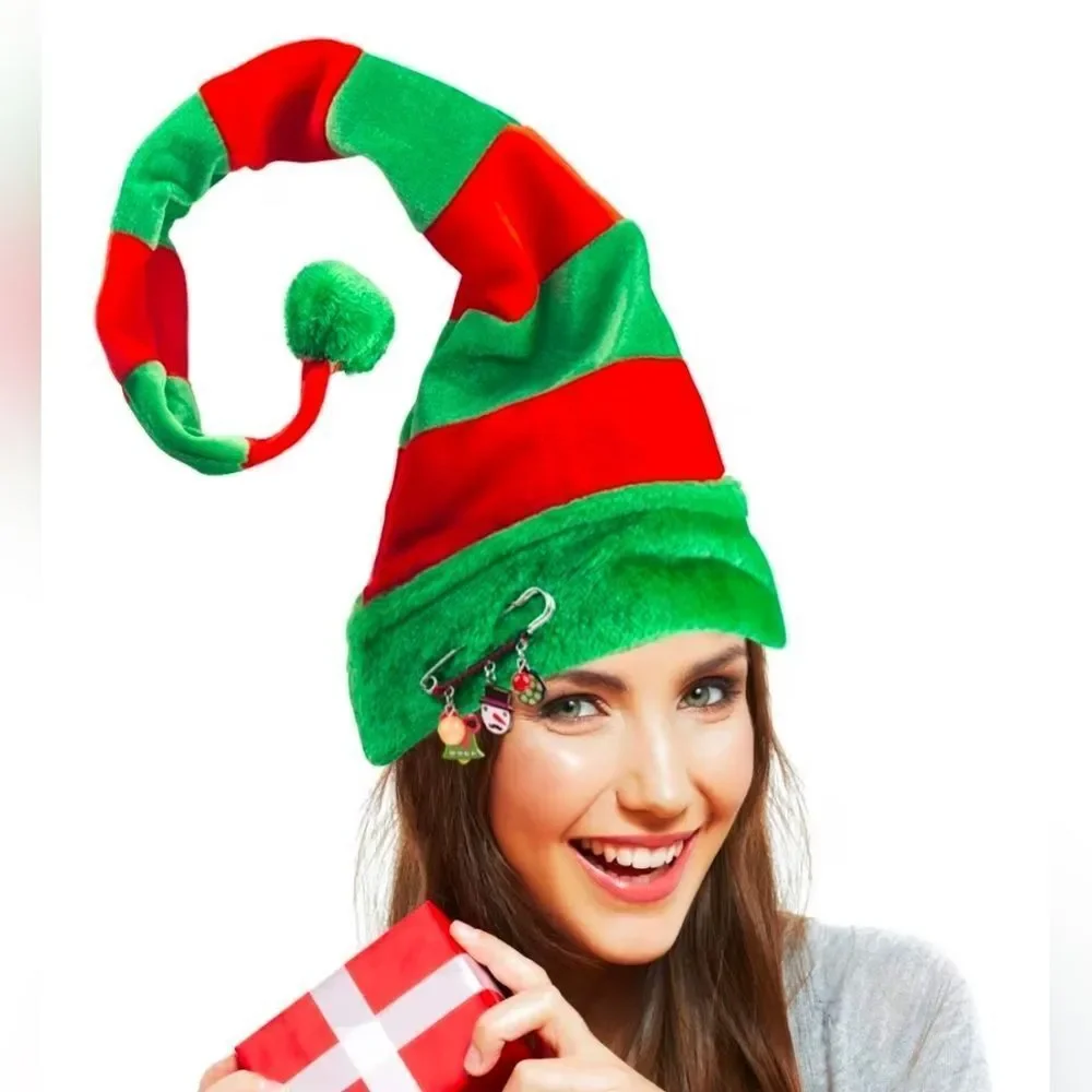 🔹️NWOT Green & Red Striped Adjustable Wire Extra Long Elf Hat One Size - Picture 4 of 7